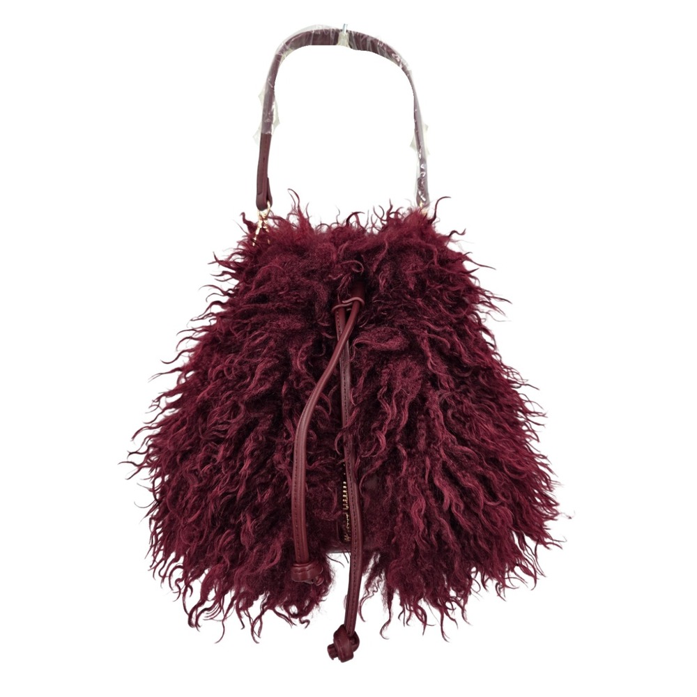 Liliana Fuzzy Trapeze Satchel Crossbody Bag Burgundy Faux Fur NWT